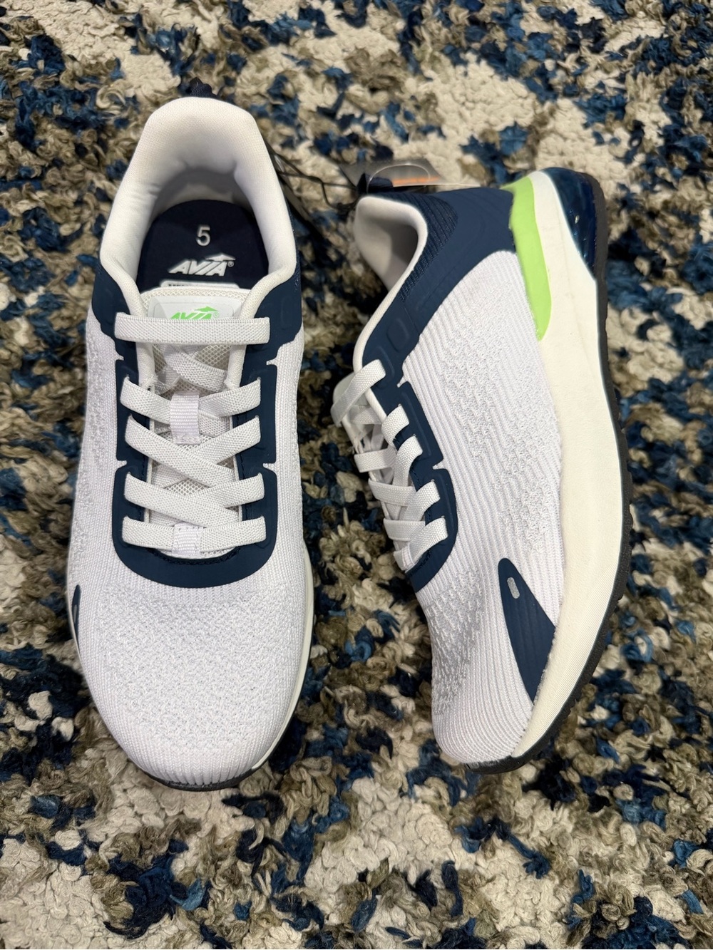 Avia White Navy Running Shoes with Lime Accent